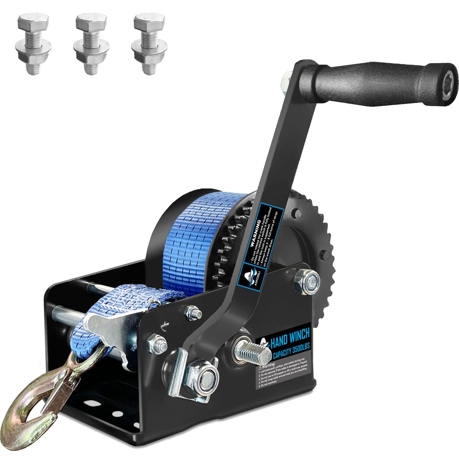 Photo 1 of AOFCRELI Boat Trailer Winch 3500lbs Hand Winch with 33ft(10m) Blue Strap, 4:1/8:1 Gear Hand Cable Winch with Hook, 2 Way Ratchet Manual Winch for Jet Ski Boat Towing Pulley Drag Winch