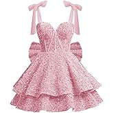 Gujach Sparkly Sequin Homecoming Dresses with Bow 2026 A Line Short Corset Formal Cocktail Gown