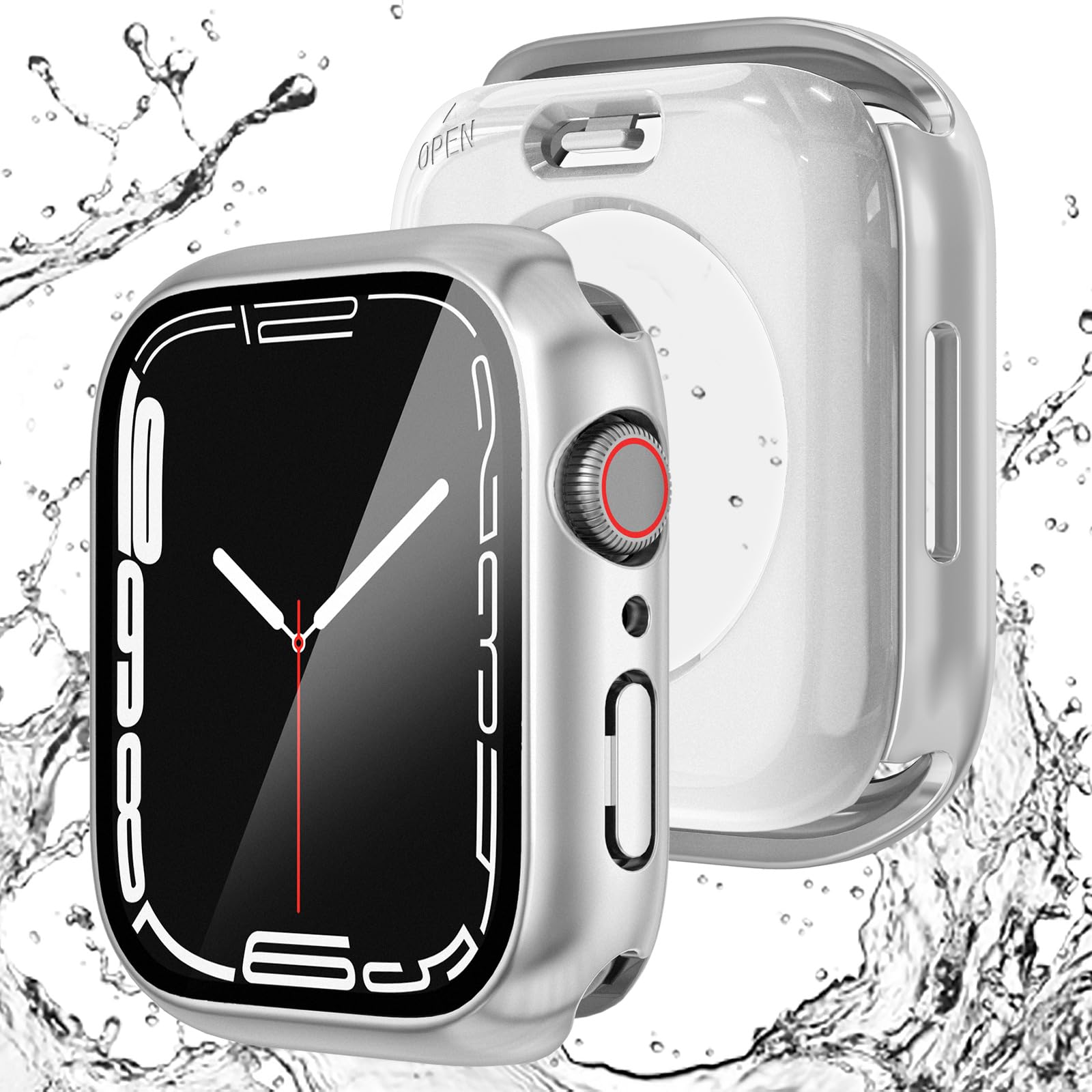 NewWays 2 Pack Waterproof Screen Protector Compatible for Apple Watch 45mm Series 9 Series 8 Series 7 with Tempered Glass,iWatch Full Protective Hard PC Bumper Case Face Cover-Silver