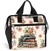 Large Lunch Bag for Women. Librarian Gift for Book Lovers. Insulated Lunch Box for Work Office Travel Picnic with Adjustable Strap. Watercolor Art.