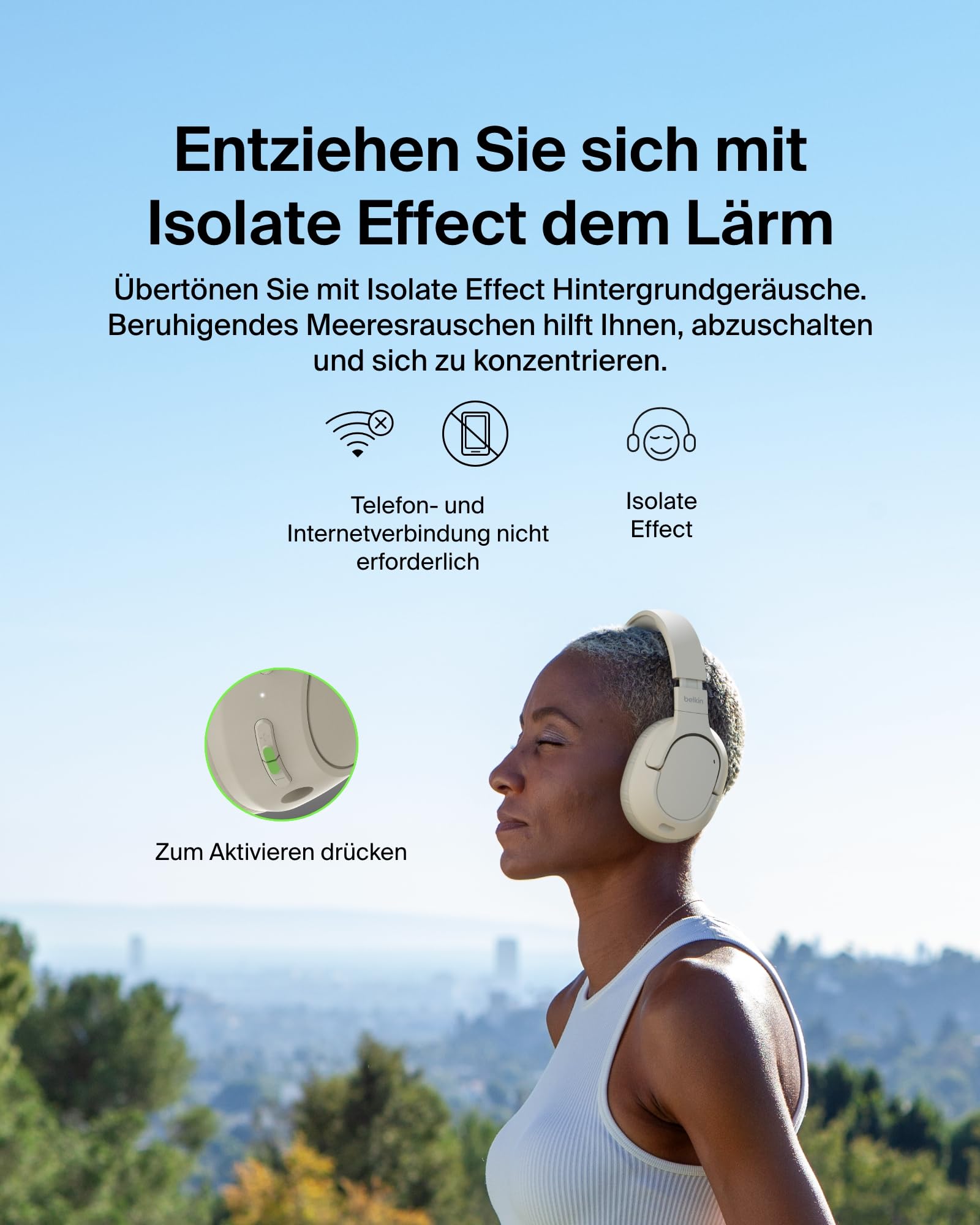 Belkin SoundForm Isolate Noise Cancelling Kopfhörer kabellos Bluetooth Kopfhörer, Headset mit Mikrofon, Over-Ear-Kopfhörer mit 60 Stunden Wiedergabe, tiefer Bass, CloudCushion Hörmuscheln – Sandfarben 4