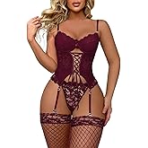 Lilosy Sexy Floral Lace Up Corset Garter Lingerie Set