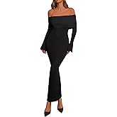 dowerme Women's Off The Shoulder Sweater Dress 2026 Formal Long Sleeve Bodycon Maxi Wedding Guest Dresses Spring Outfits