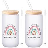 Honeydak 2 Sets Valentines Day Teacher Glass Cups Appreciation Gifts Tumbler with Lid and Straw, 16 oz It Takes a Big Heart to Shape Little Minds Coffee Mug End of Year Thank You Gifts for Teachers