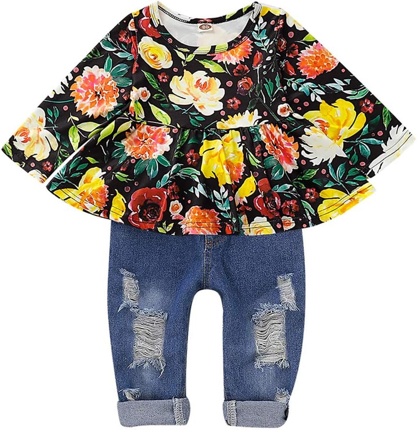 CARETOO Girls Clothes Outfits, Cute Baby Girl Floral Short Sleeve Pant Set Flower Ruffle Top