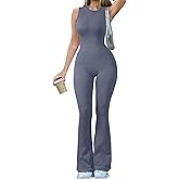 OQQ Women Yoga Jumpsuits Ribbed Crew Neck Sleeveless Bell Bottoms Flare Jumpsuits