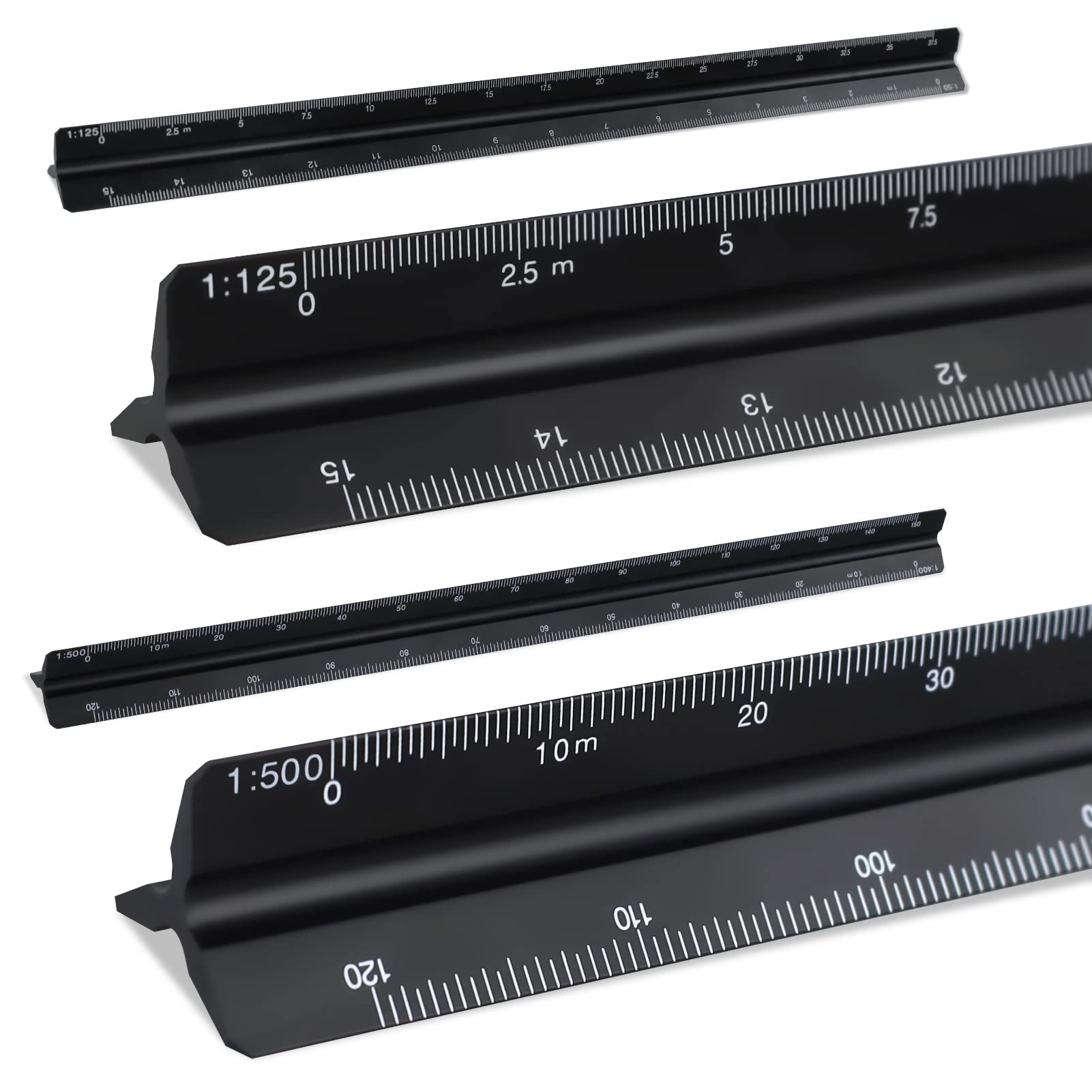2 Pack Triangular Scale Ruler 30cm, Metal Ruler for Architects, 1:20, 1:25, 1:50, 1:75, 1:100, 1:125 and 1:100, 1:200, 1:250, 1:300, 1:400, 1:500 (Black)