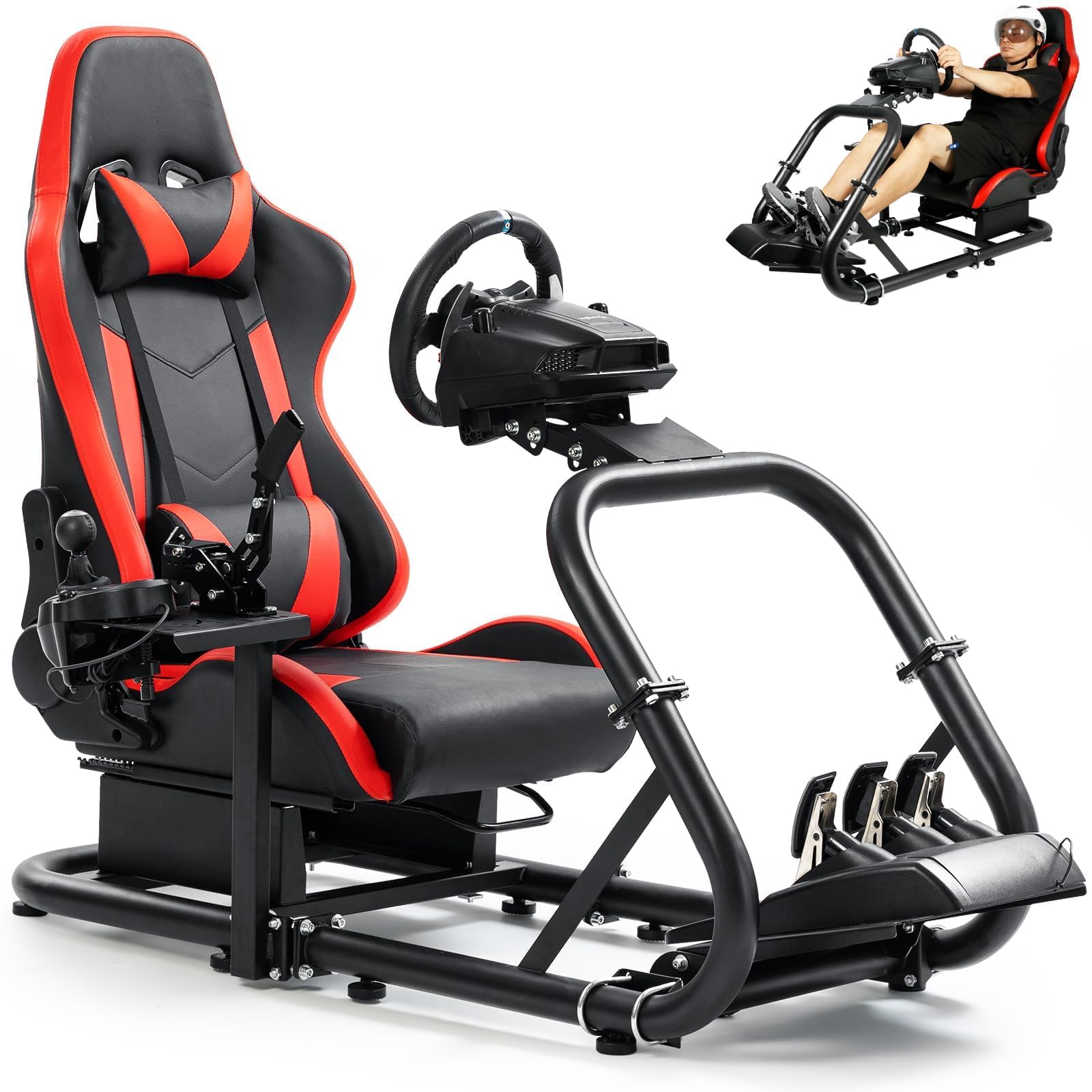 Marada Racing Sim Cockpit Stand with comfortable Seat Fit for Logitech G27 G923 G920,for Thrustmaster, Large Round Tube&Adjustable Professional Driving Race Mount,Wheel Pedal Handbrake Not Included