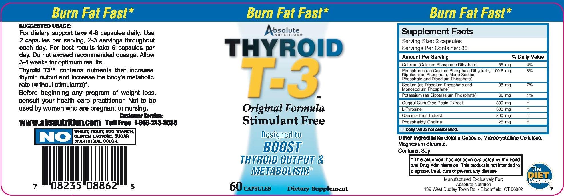 Absolute Nutrition Fat Burning Metabolism Boosting Supplement, Thyroid T-3, 60 Capsules