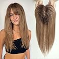 HAIRCUBE Hair Toppers For Women, Top Hairpieces 100% Remy Human Hair With Bangs, 150% Density Silk Base Clip In Topper For Slight Hair Loss/Thinning Hair/Gray Hair 14 inch 40g - Ombre Ash Blonde