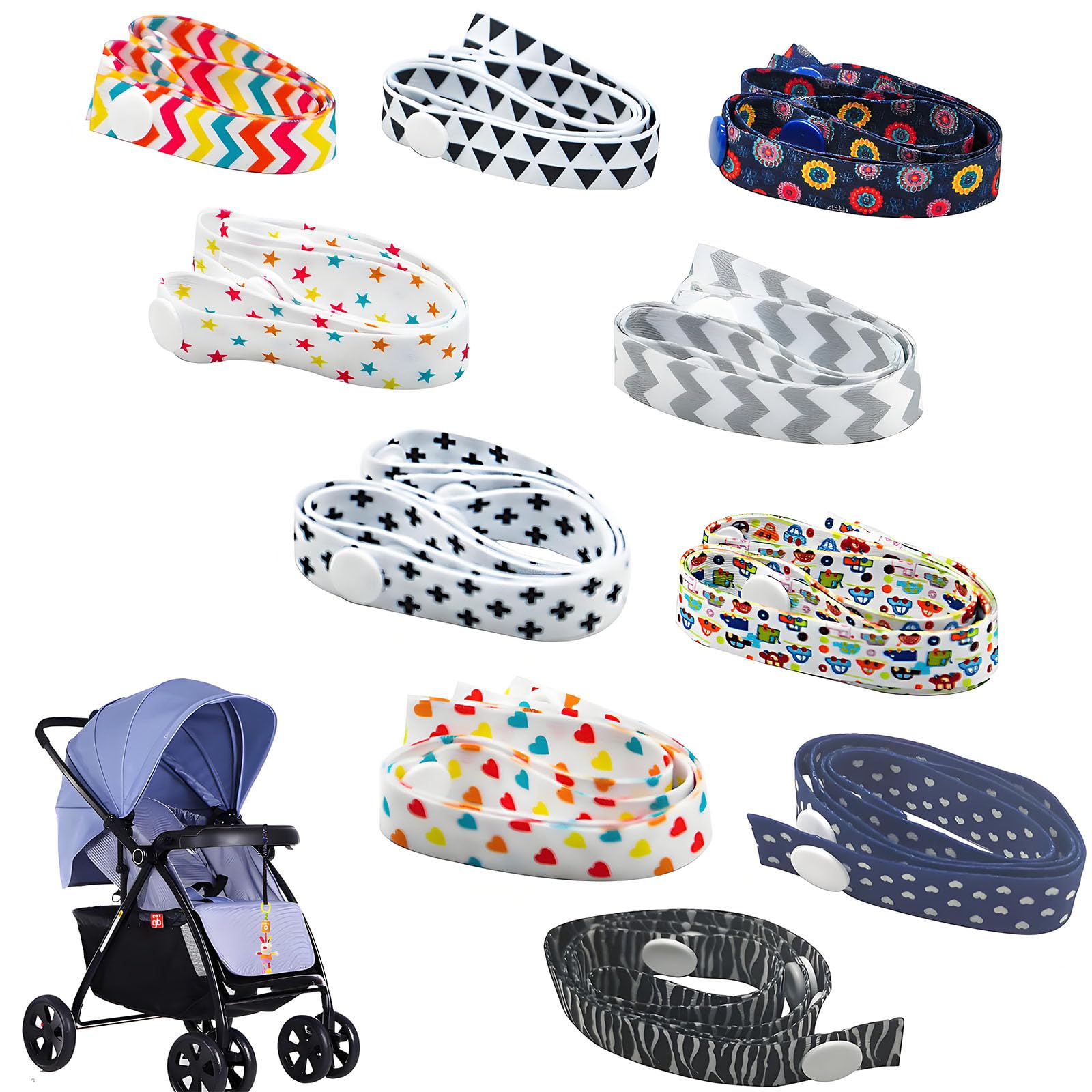 SwirlColor Toy Straps Holder 10pcs Adjustable Stroller Strap Anti Drop Bottle Clip Belt Holders Cartoon Pattern