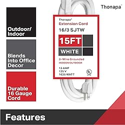 Thonapa 15 Ft Extension Cord with 3 Prong - White