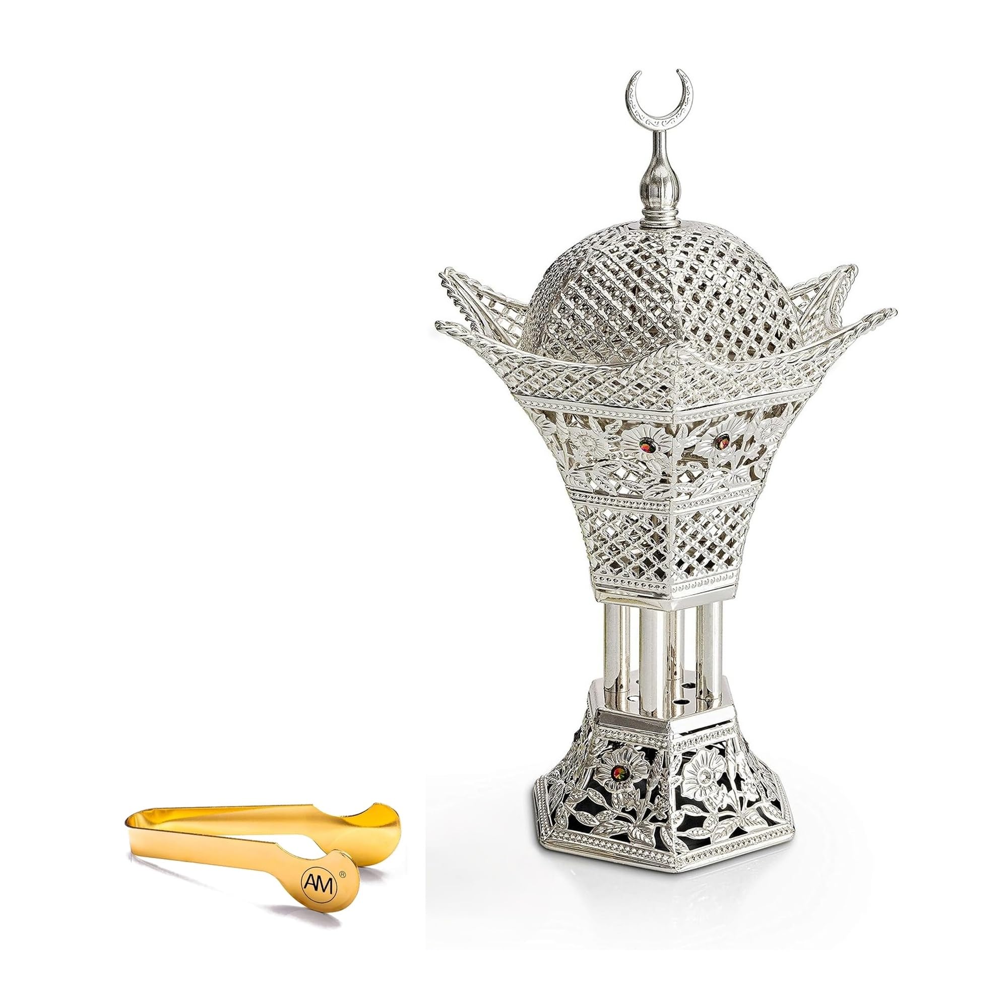 AM Crescent Frankincense Burner Silver - Metal Charcoal Resin & Bakhoor Holder with Tongs | Filigree Mabkhara | Luxury Hilal Craft Design