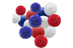 KAXIXI Hanging Party Decorations Set, 15pcs Navy Blue White Red Paper Flowers Pom Poms Balls and Paper Lanterns for 4th of July Decorations Patriotic Decoration Wedding Birthday Baby Shower