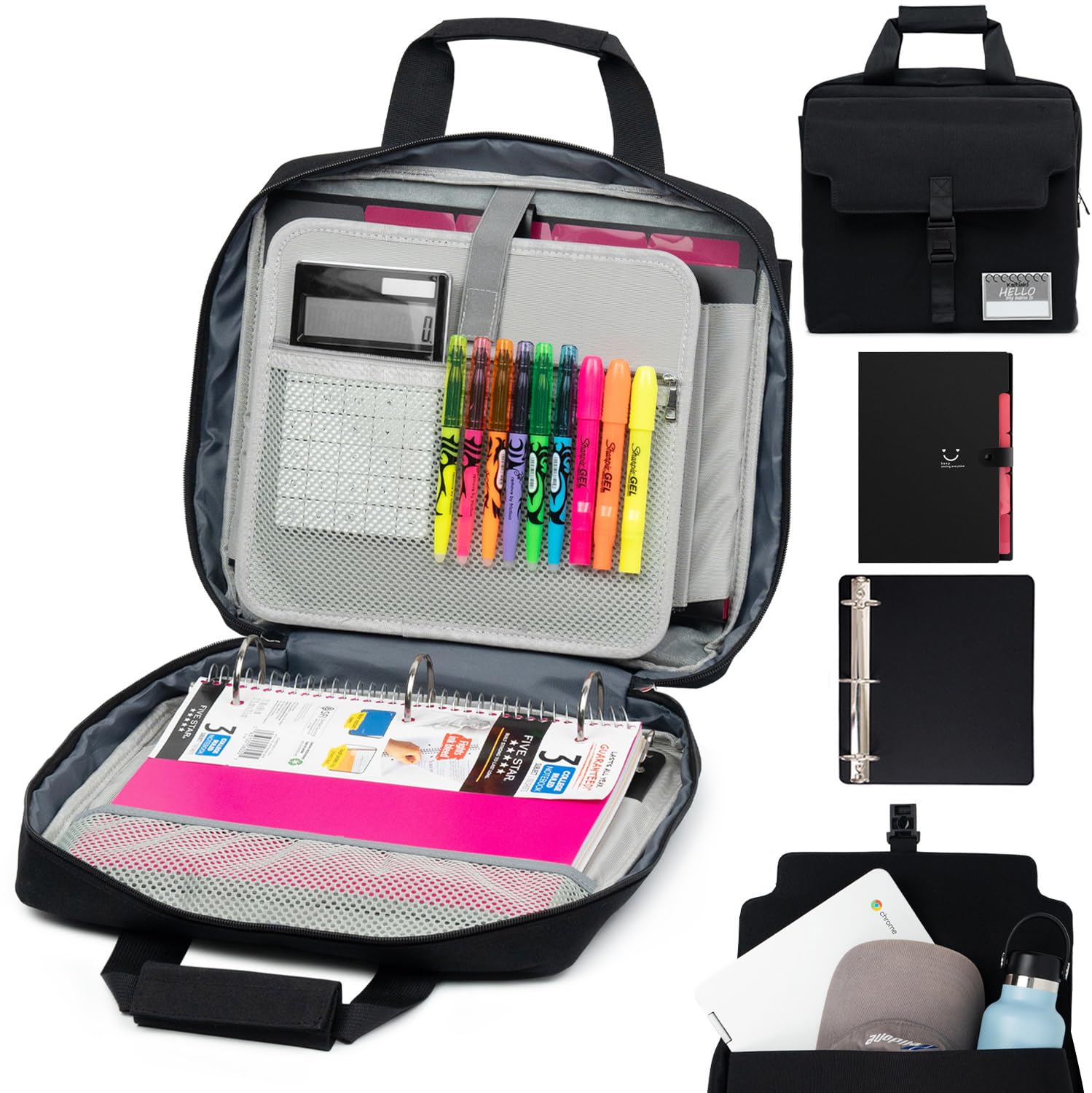 Photo 1 of Kaitiaki 3 Ring Zipper Binder Bag with Handle and Shoulder Strap, 2-Inch O-Ring, Large Laptop Pocket, 5-Tab Expanding File Folder (Black)