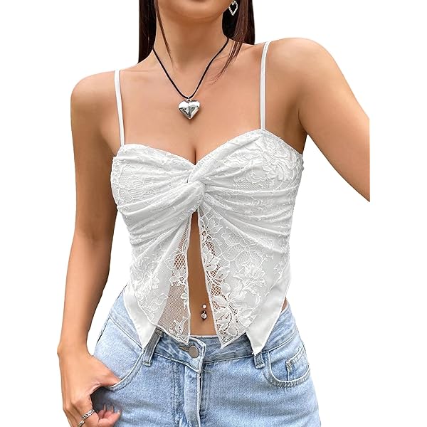 SOLY HUX Women's Contrast Lace Cami Tops Criss Cross Front V