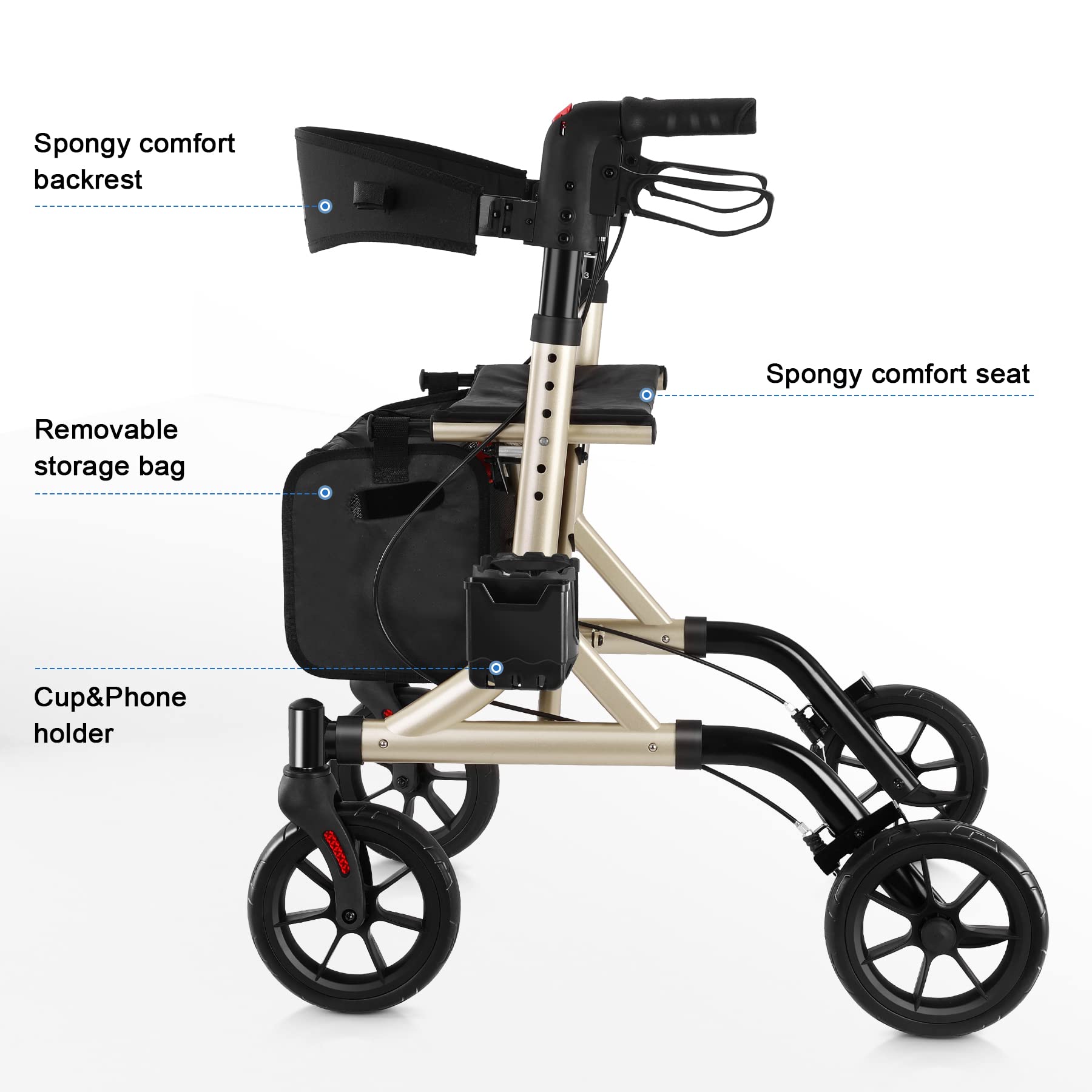 Rollator Walker for Seniors with Cup Holder, Upgraded Thumb Press Button for Height Adjustment, 4 x 8 Wheels Walker with Seat Padded Backrest Folding Lightweight Walking Aid, Gold