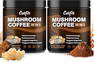 CATFIT 2 Pack Mushroom Coffee Powder, 10 Adaptogenic Mushrooms And MCT Oil, Hydrolyzed Collagen, Instant Coffee with Lion's Mane, Chaga, L-Theanine for Energy, Focus, Digestion and Immunity, 160G