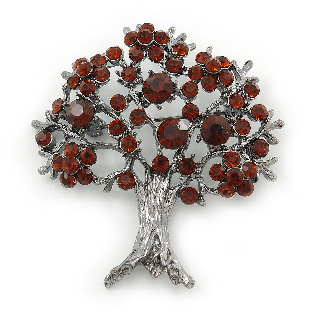 Dark Amber Coloured Crystal 'Tree Of Life' Brooch In Gun Metal Finish - 52mm Length