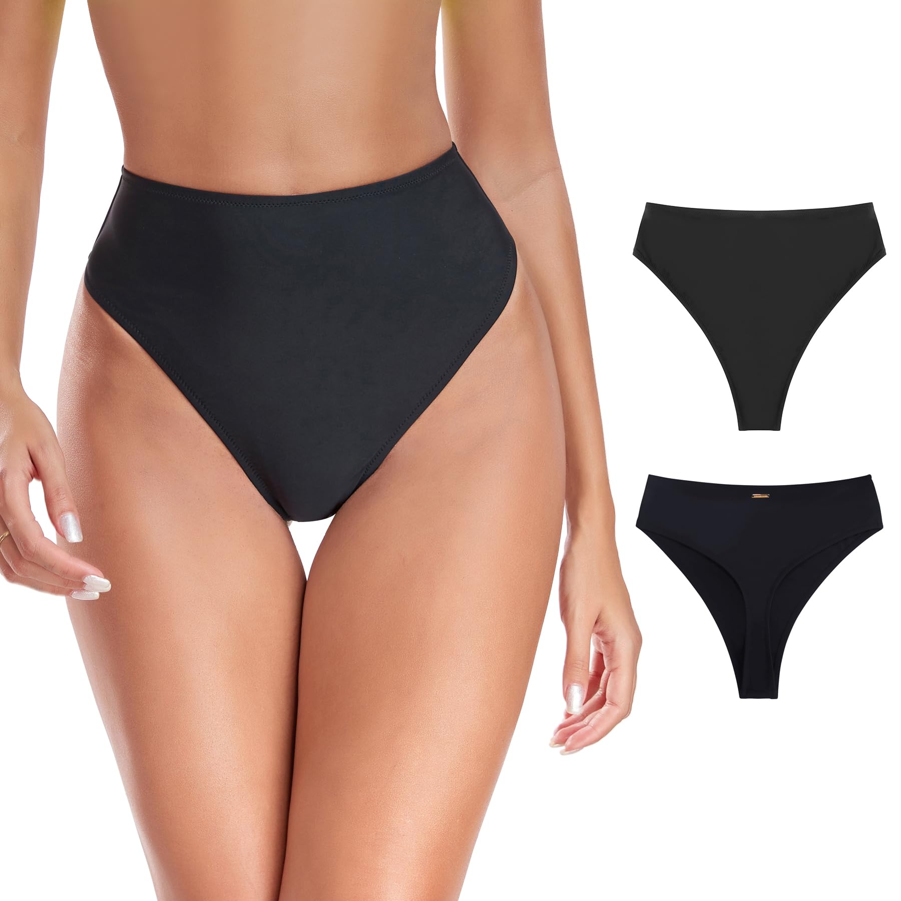 Photo 1 of RELLECIGA Women's Black High Waisted High Cut Thong Bikini Bottom Size Medium
