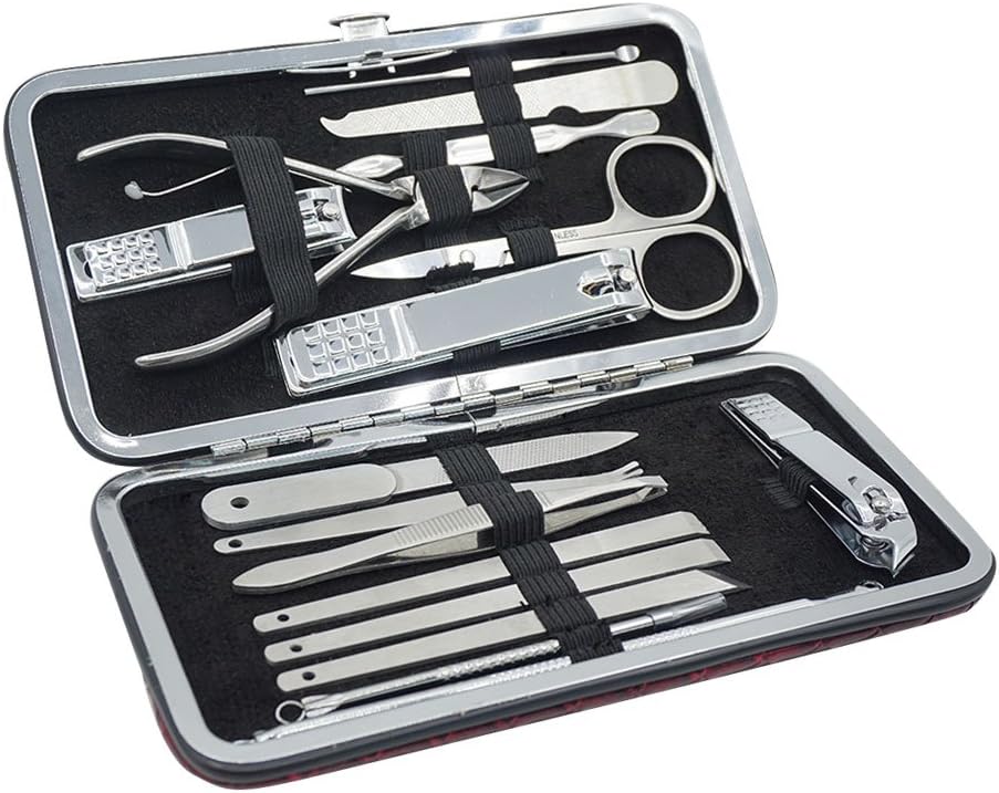 16Pcs Manicure Pedicure Set Stainless Steel Nail Clipper Cutter Scissor Tweezer Blackhead Needle Facial Tools With PU Bags (Red)