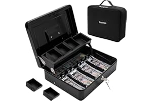 Polspag Cash Box with Lock and 2 Keys, Metal Money Box with Cash Tray,Large Locking Cash Boxes, Deluxe Lock Safe Box, Portable Cash Box with Adjustable Coin Box & Anti Slip Bottom for Business Black