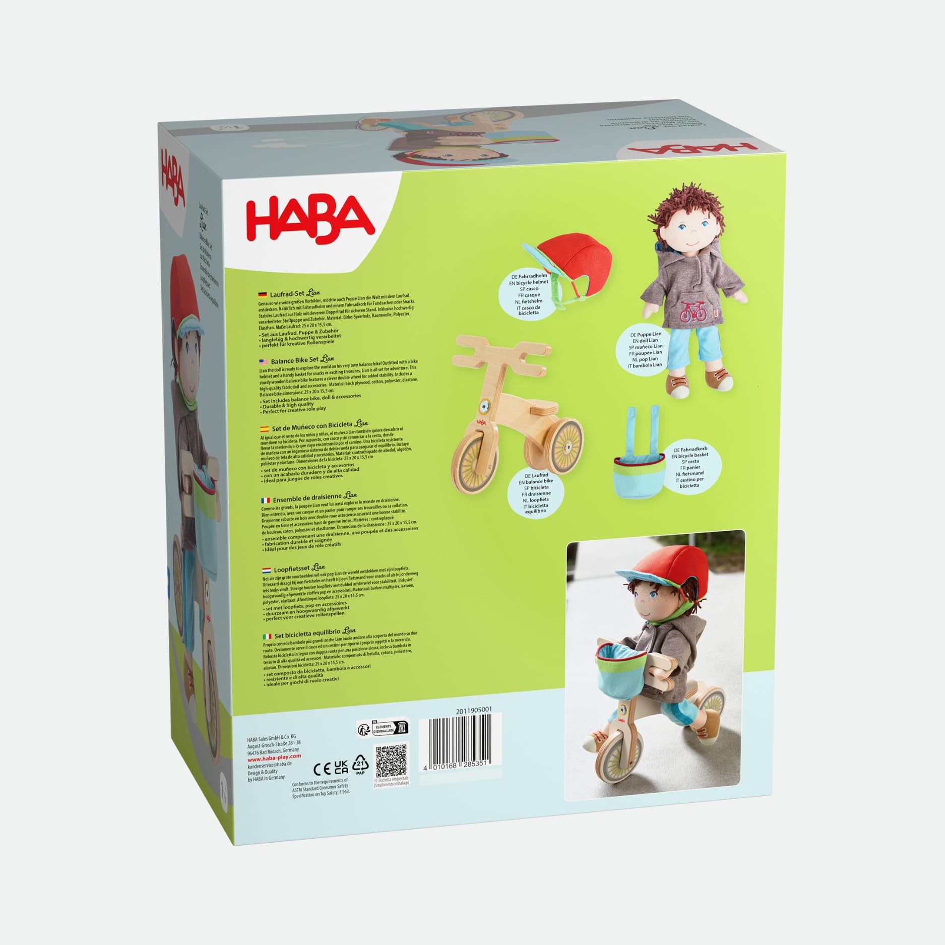 HABA Laufrad-Set Lian – Holz-Laufrad mit Puppe Lian, Fahrradhelm und Fahrradkorb – Fahrrad mit Doppelrad für sicheren Stand – 2011905001 8