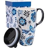 Voltogar Ceramic Coffee Mug Travel Cup Gift with Lid 17oz, Porcelain Tall Tea Cup with Handle for Home & Office, Bird & Flower Art Pattern Mug in Gift Box, 6.5''H