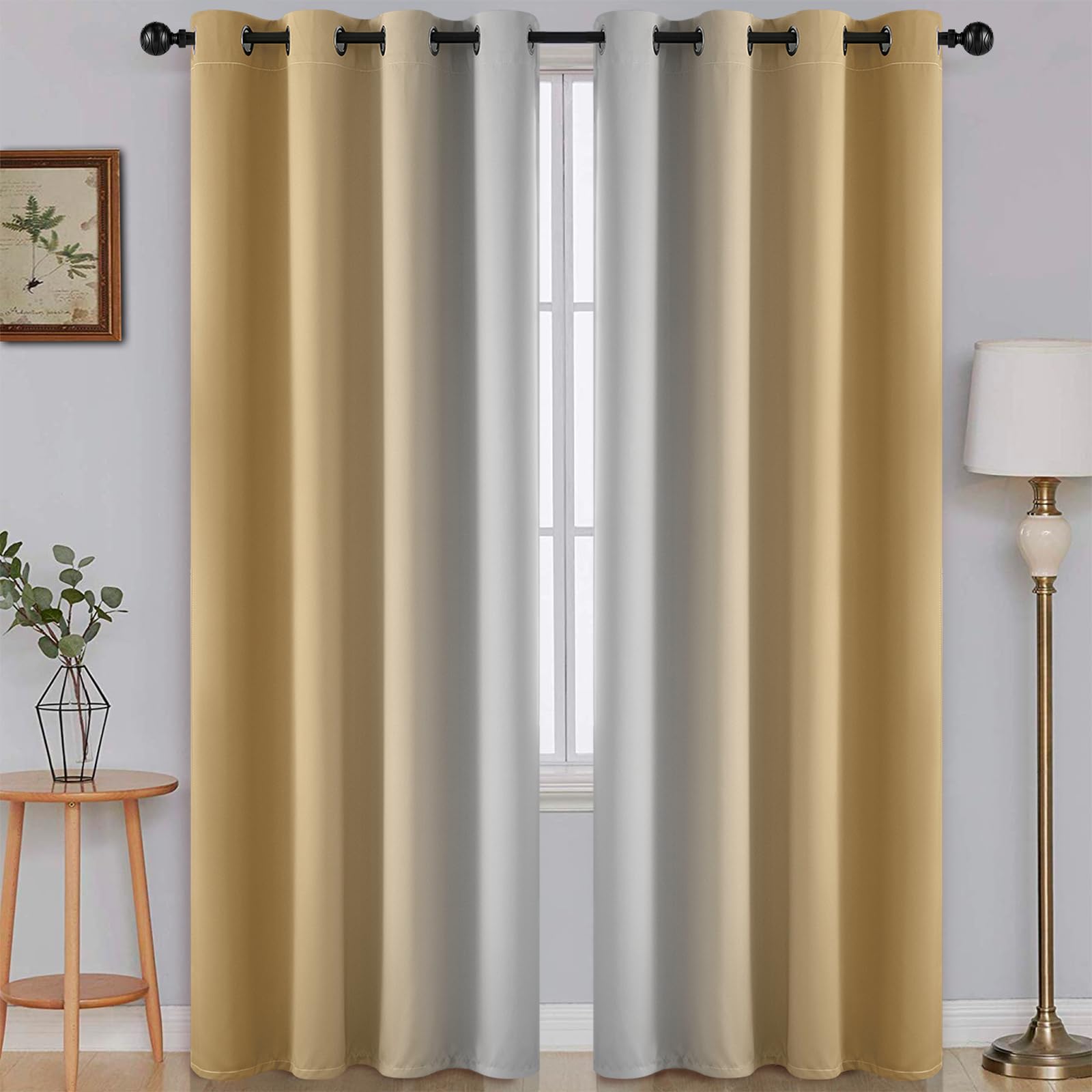 SimpleHome Ombre Room Darkening Curtains for Bedroom, Gradient Beige to Grey White Light Blocking Thermal Insulated Grommet Window Curtain/Drapes for Living Room,2 Panels, 52x84 inches Length Image