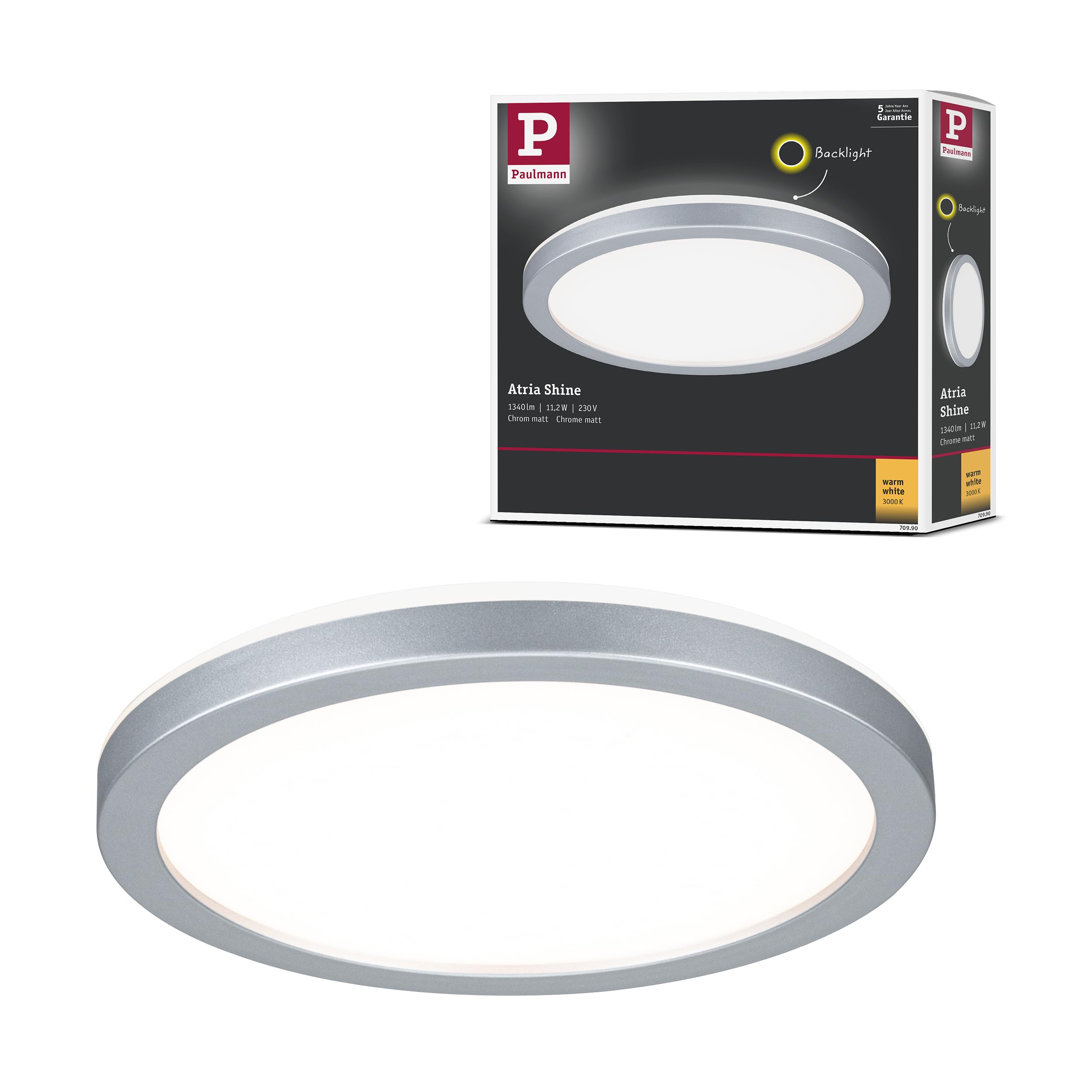 Paulmann Atria Shine 70990 LED Panel 190 mm Round Including 1 x 11.2 W Warm White Chrome Matt Light Panel Plastic Ceiling Panel 3000 K