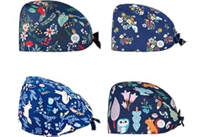 DONHUA Cute Printed Working Caps Bouffant Hats with Button and Adjustable Sweatband Scrub Caps for Women Men