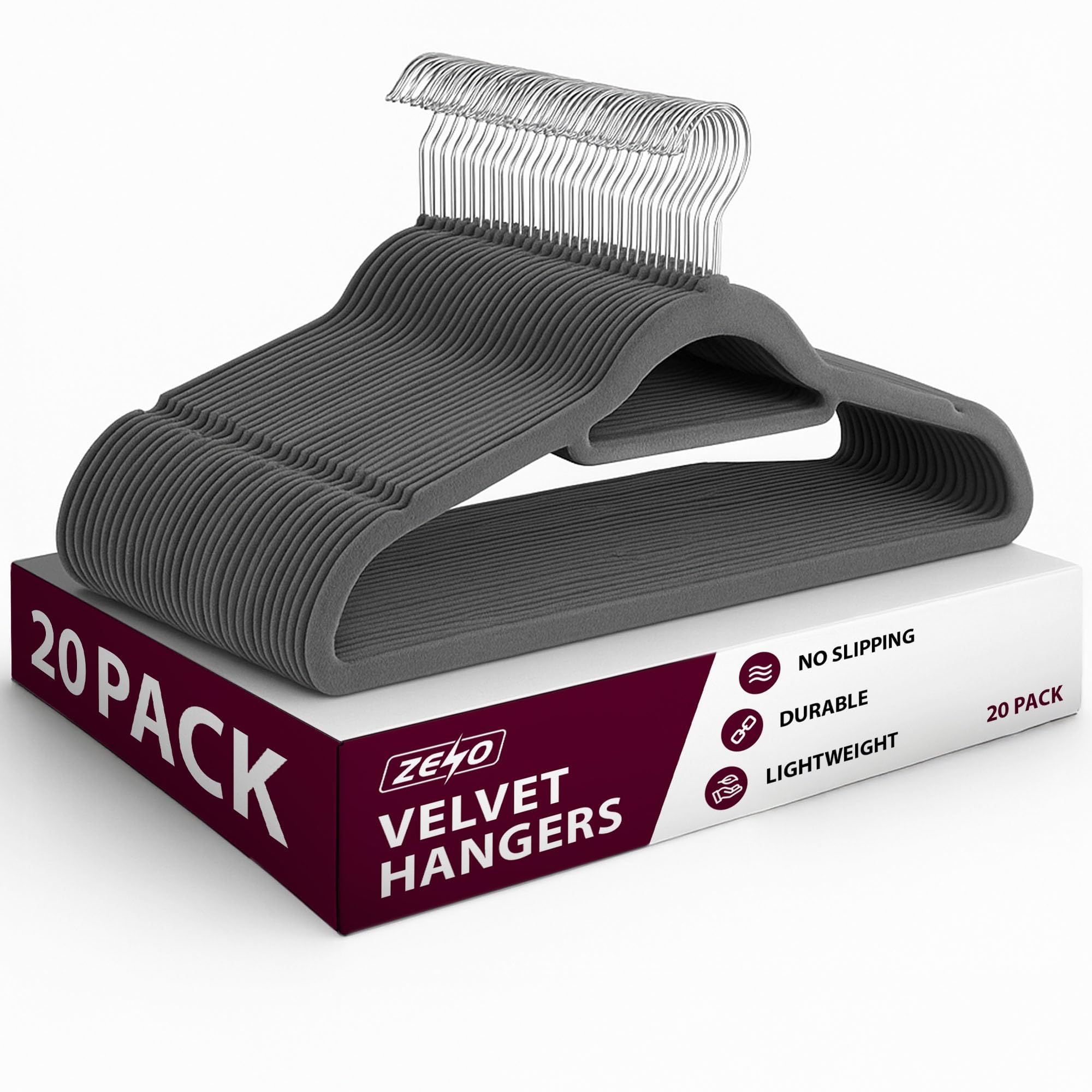 ZENO Velvet Hangers 20 Pack | Hangers for Clothes with 360° Swivel Hooks, Non Slip Velvet, Trouser Bar, Notches & Tie Organisers | Space Saving Clothes Hanger | 44.5CM Long | Grey