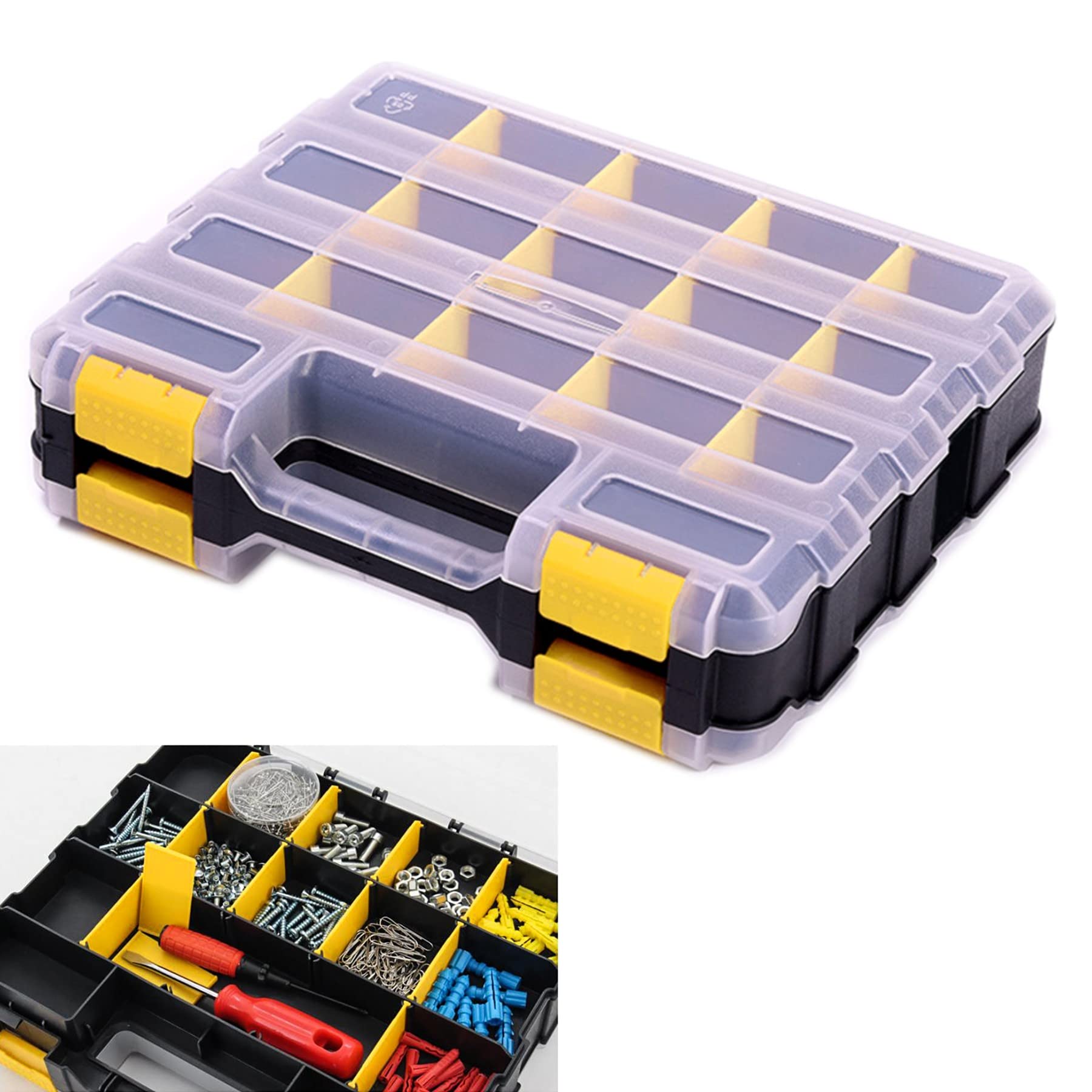 Photo 1 of **1 SIDE DAMAGED**Tools Organizer Box Small Parts Storage Box 34-Compartment Double Side Hardware Organizers with Removable Plastic Dividers for Screws, Nuts, Nails, Bolts