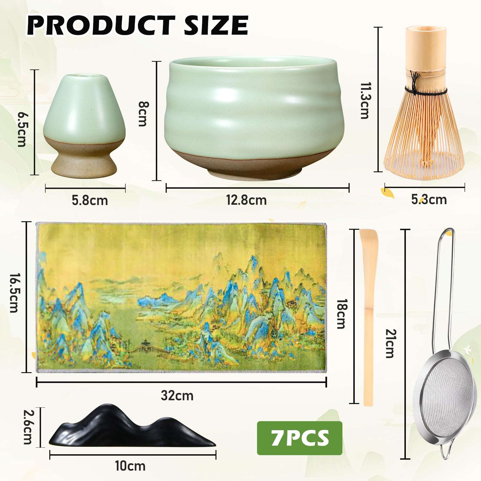 Matcha Set, Matcha Tee Set, 7er-Pack, erhältlich mit Matcha Schale, Schneebesen, Besenhalter, Teelöffel, Teelöffelhalter, MatchaSieb, Geschirrtuch, Geschenkbox für Teezeremonie, handgefertigtes Matcha 2