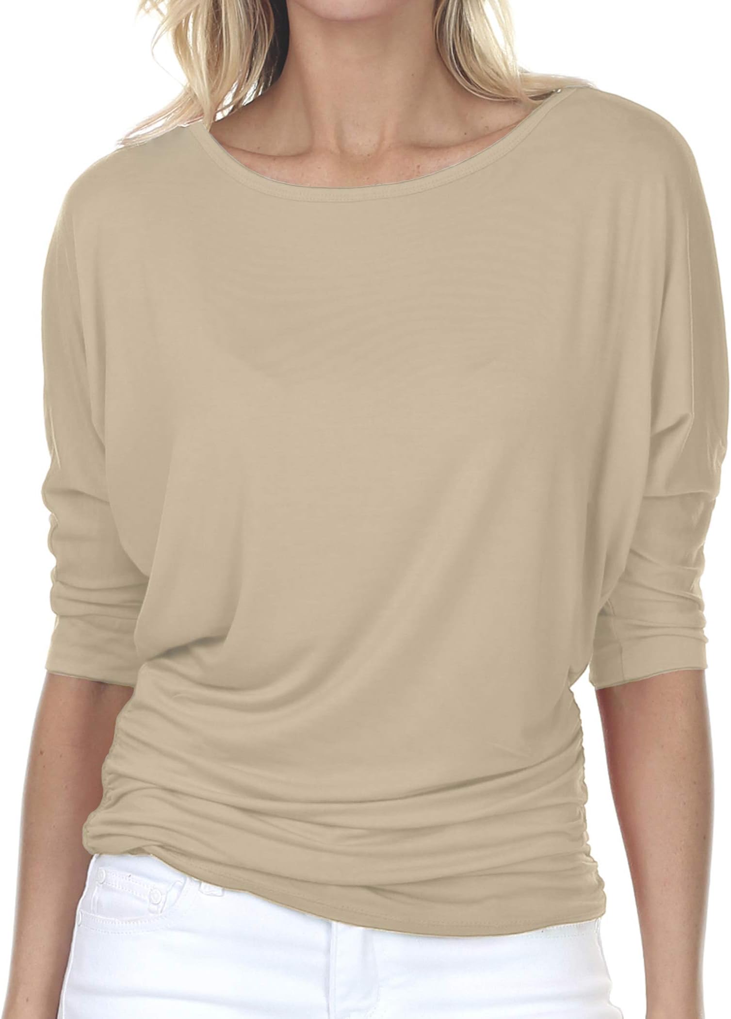 7006 Womens V-Neck 3/4 Sleeve Drape Dolman Top with Side Shirring