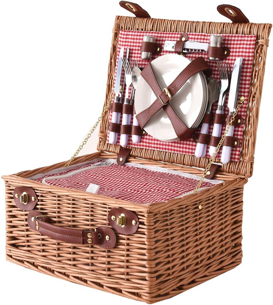 Picnic Basket for 4 person, Wicker Picnic Basket Heat Preservation Insulation Bins for Picnic,Wicker Hamper,Rattan Basket, Luxury Picnic Basket Set with Plates, Wine Glasses, Flatware and Napkins