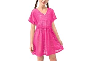 BesserBay Girls Summer Crochet Bat Sleeve Hollow Out Sheer Swimsuit A-line Hem Loose Fit Quickly Dry Coverups 5-14 Years