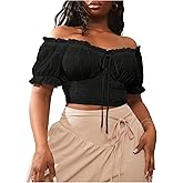 Verdusa Women's Plus Size Off The Shoulder Tops Tie Front Short Sleeve Crop Shirts