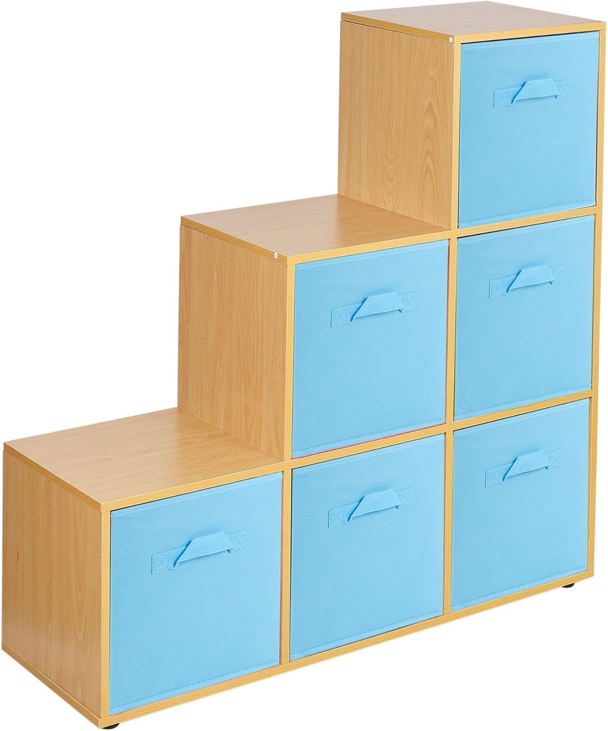 URBNLIVING 6 Cube Beech Step Storage Shelf Unit & 6 Light Blue Drawers