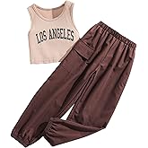Floerns Girls 2 Piece Outfit Letter Print Rib Knit Crop Tank Top and Cargo Pants