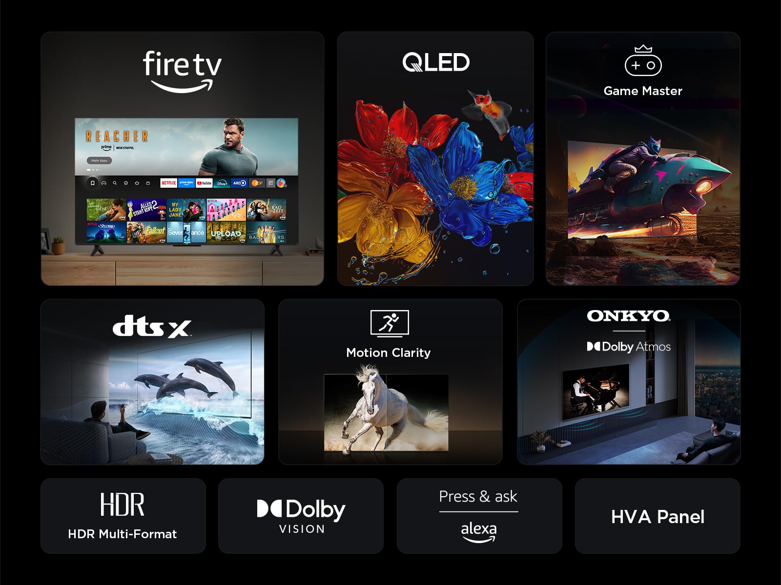 TCL 85T6C 85 Zoll QLED Fernseher, 4K UHD Fire TV, HDR10+, Dolby Vision & Atmos, Smart TV mit Sprachsteuerung mit Alexa, Google Cast & AirPlay 2, Onkyo 2.1 Sound, HDMI 2.1, ALLM 4