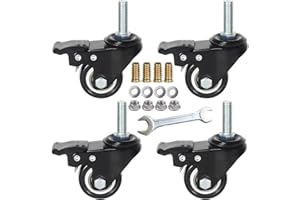 DICASAL 1.5 Inch Metric Stem Casters, M10*30 Stem Diameter 10mm, Length 30mm Heavy Duty Locking Cster 360 Degree Swivel Stem Wheels with Double Brakes Quite PU Rim for Floor Pack of 4