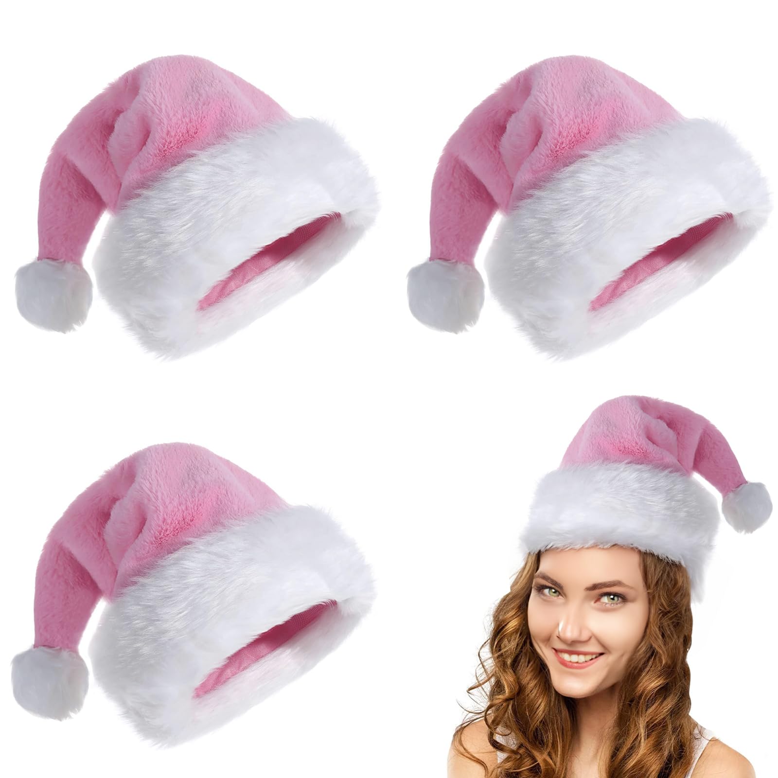 POPOYU 3Pcs Pink Christmas Hats for Adults,Luxury Santa Hats Plush Christmas Santa Claus Hats,Fancy Dress Santa Costume,Velvet Comfy Santa Outfit for New Year Xmas Party Supply,Thicken Fur Decoration
