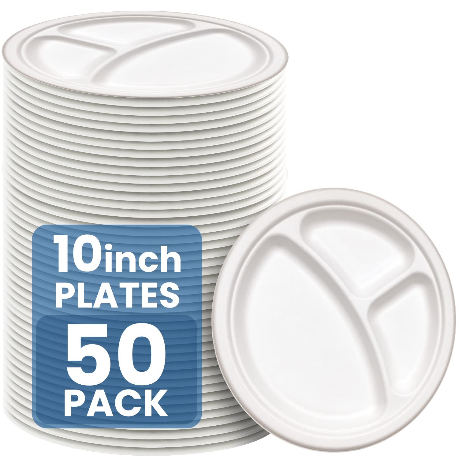 Photo 1 of Vallo Compostable Plates with 3-Compartments - Eco Friendly Disposable Paper Plates made from Sugarcane Bagasse Fibers (10 Inch, 50 Count)