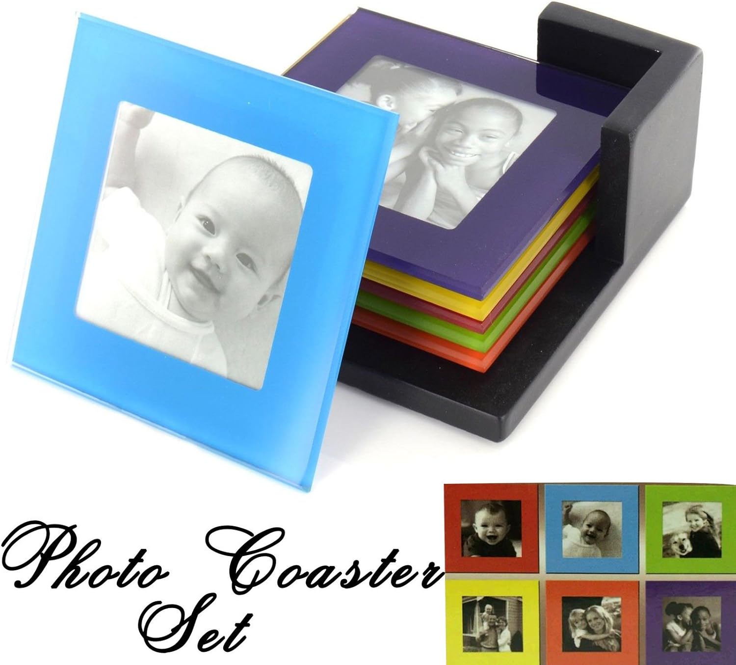 Set Of 6 Coloured Glass Photo Coasters Picture Frame Tableware Coaster