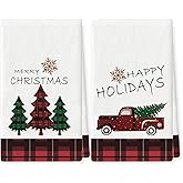 WOWOGO Set of 2 Christmas Kitchen Towels Xmas Trees Snowman Buffalo Plaid Christmas Decorations Dish Towels Holiday Hand Towels 18x26 Inch Winter Dish Cloths