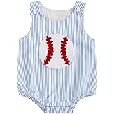 Fuethsuy Newborn Baby Boy Girl Summer Outfit Baseball Embroidery Romper Jumpsuit Sleeveless Smocked Bodysuit Overalls Clothes (Blue, 0-3 Months)