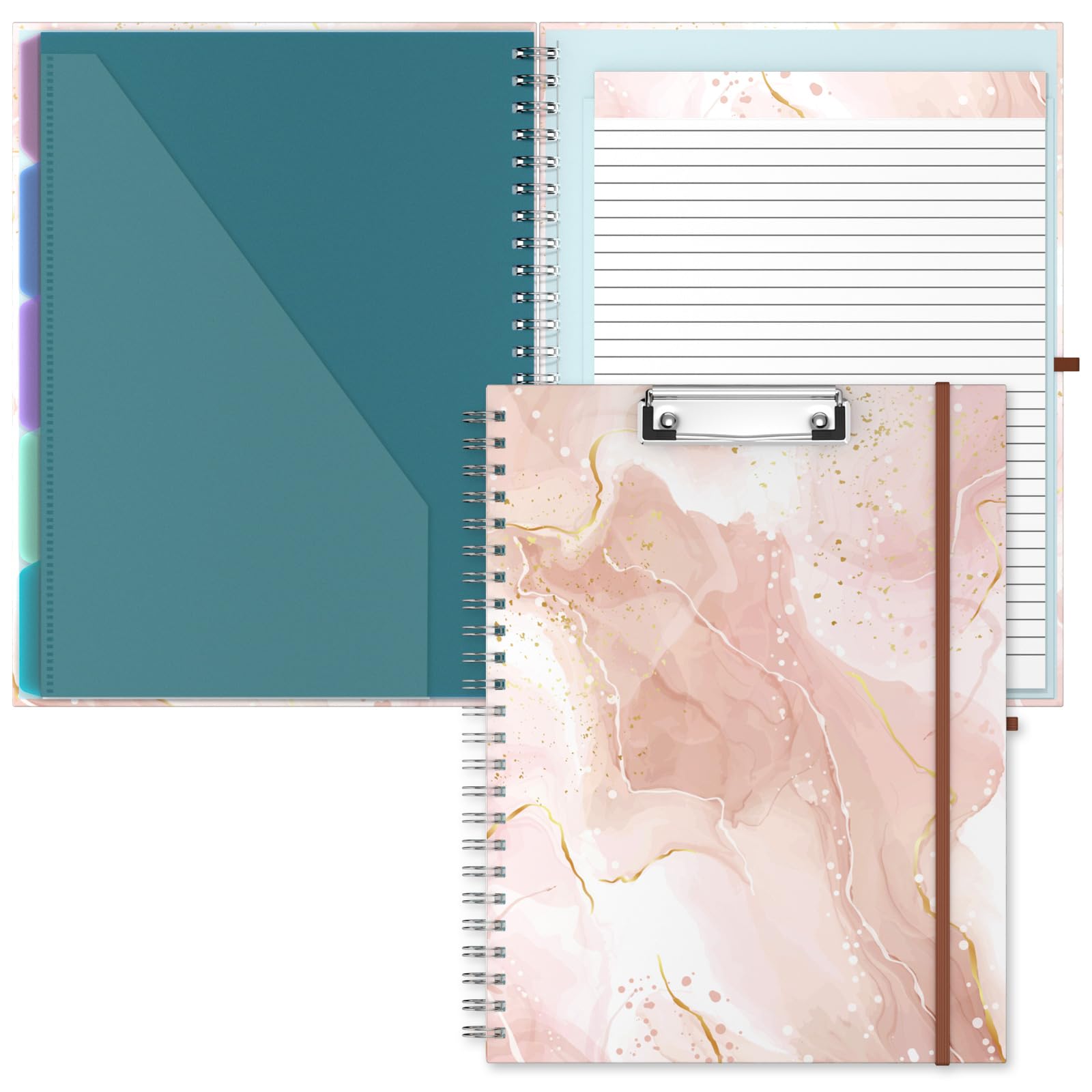 Hnogri Clipboard Folio with Refillable Lined Notepad, Clipboards with 5 A4 Folders Storage 10 Pockets, Spiral Clip Board Portfolio, Size 12.8" x 9.7", Office Supplies, School Supplies, Pink Marble