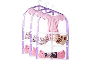 3 Packs Garment Bag,Hanging Clothes Bag for Dance Costumes With Pockets,Clear Garment Bag For Clothes Storage,Garment Cover F