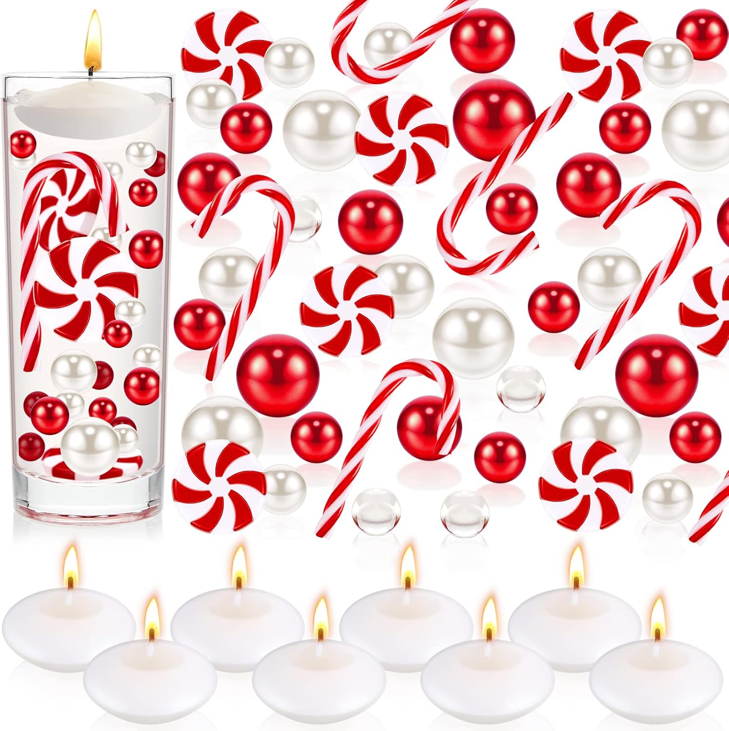 Vase Fillers - 2124 Pieces Christmas Vase Filler Pearls for Vase Filler Christmas Table Decor Floating Candles Centerpiece with 8 Floating Candles for Christmas Dinning Table Party Festival Decor (Novel Style)